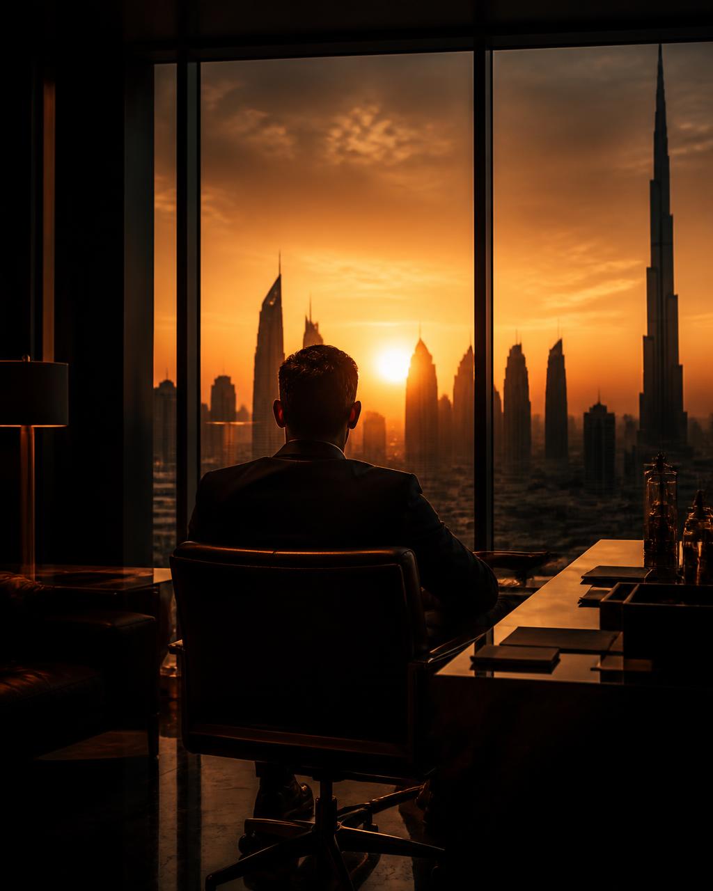 Executivo observando a cidade ao entardecer